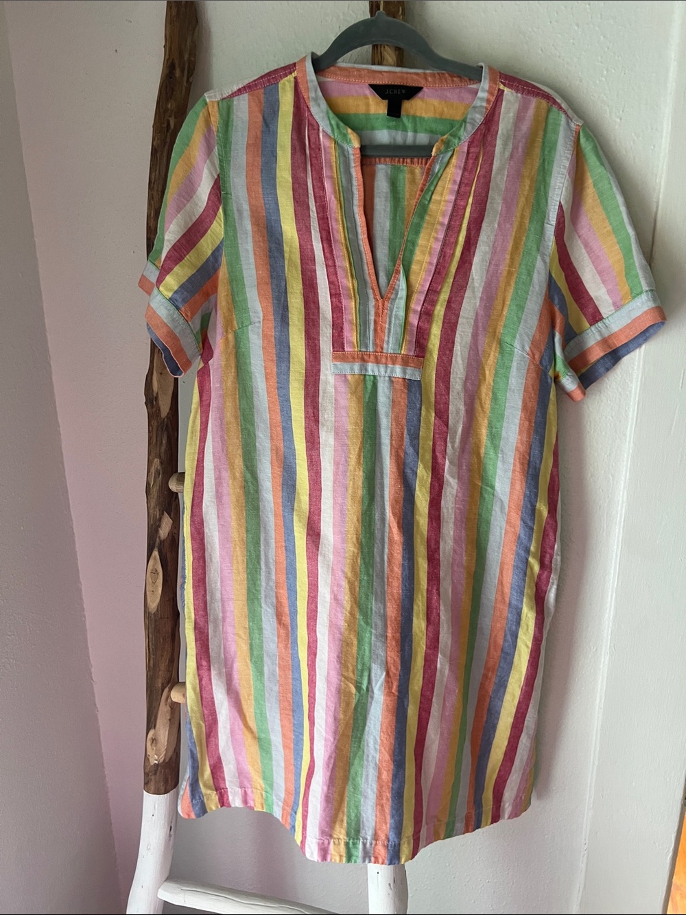 J. Crew Rainbow Colorful Vertical Stripe Linen Cotton Short Sleeve Shift Dress L